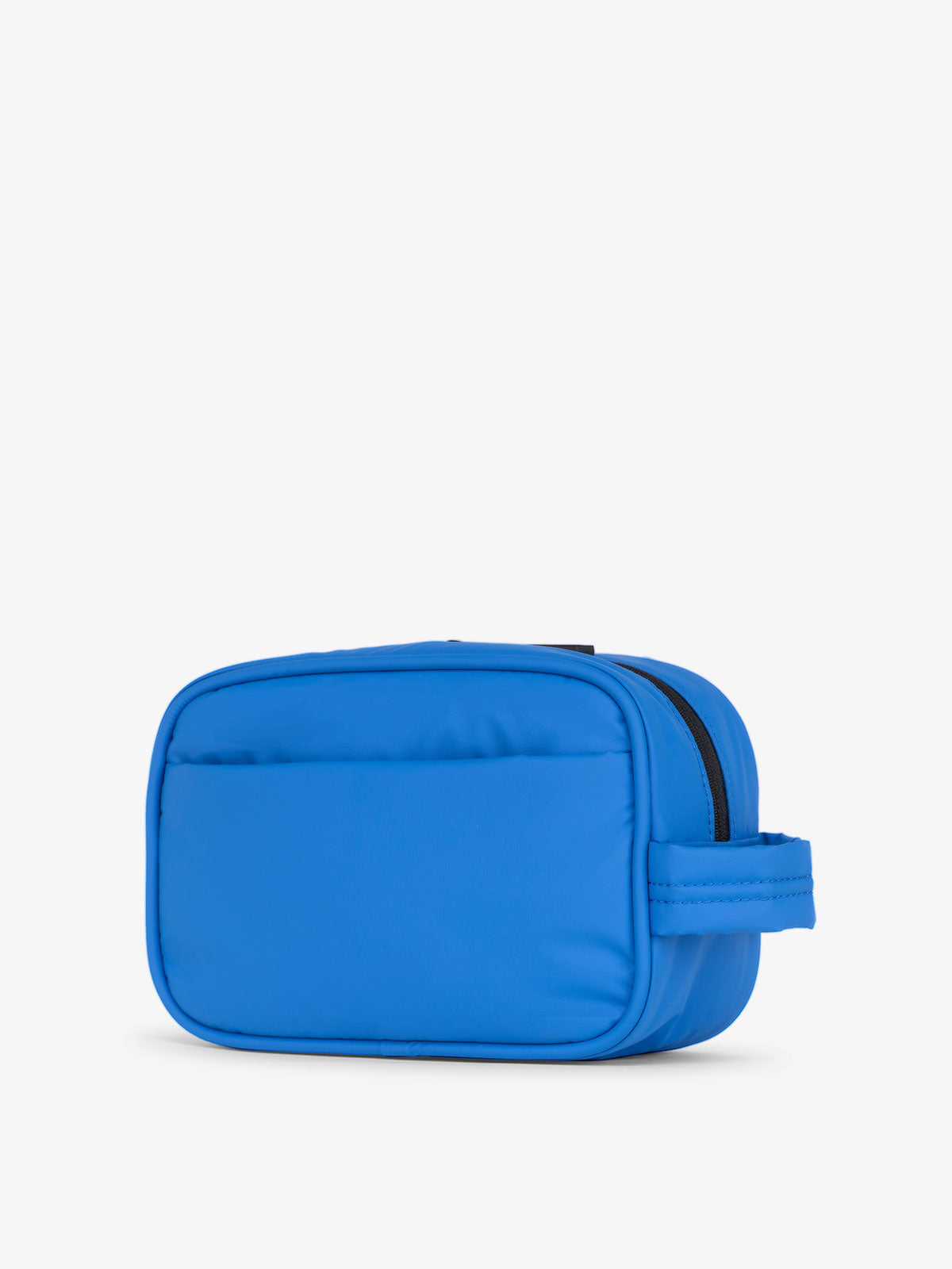 quilted toiletry bag with handle in blue