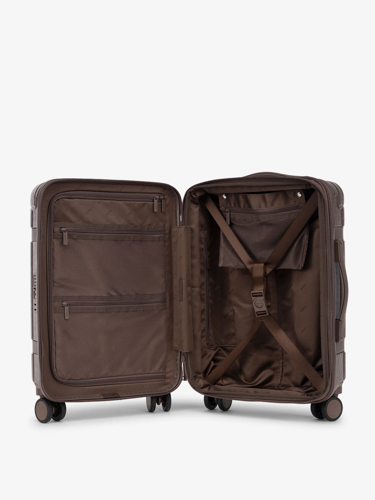 CALPAK TRNK luggage with multiple interior pockets and compression strap for travel in brown
