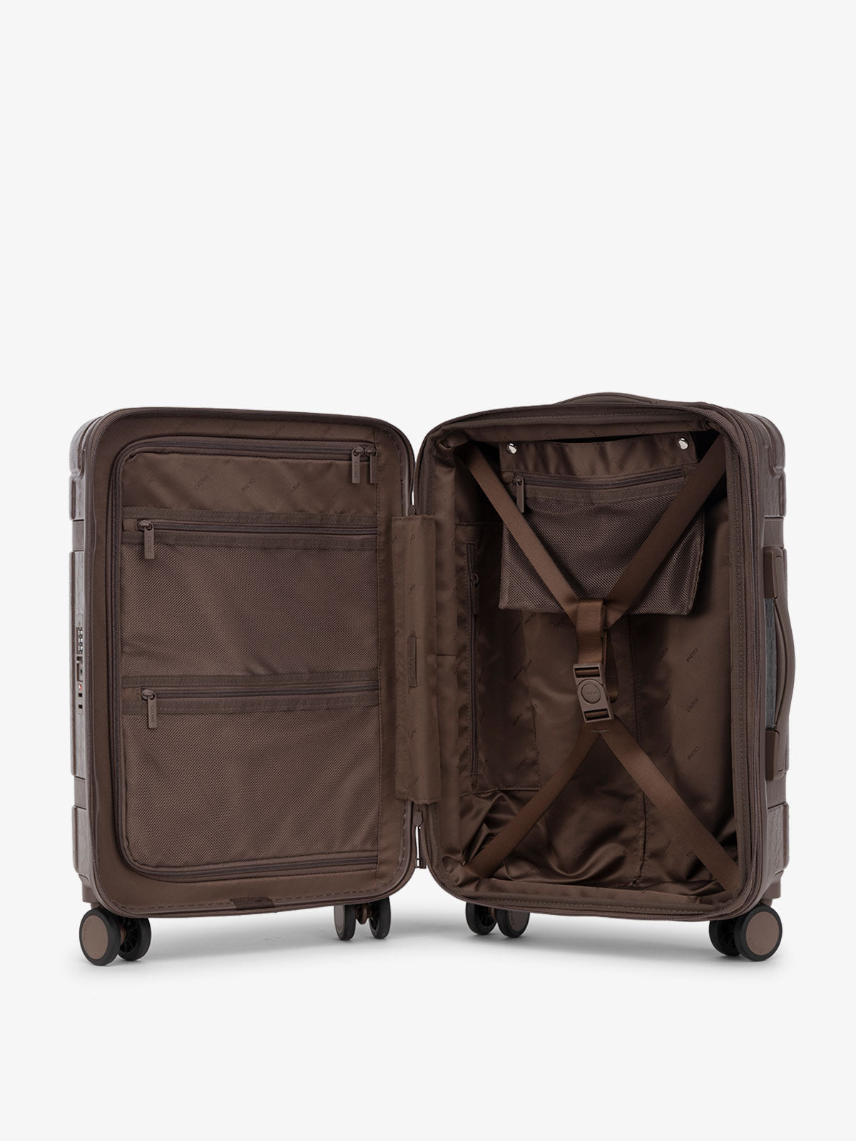 CALPAK TRNK luggage with multiple interior pockets and compression strap apart of 2 piece luggage set in brown