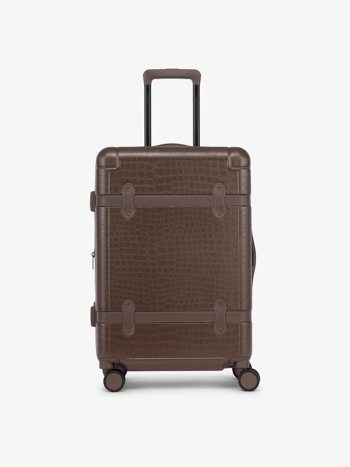CALPAK TRNK medium 25 inch luggage with 360 spinner wheels and faux crocodile design in vintage trunk style in espresso