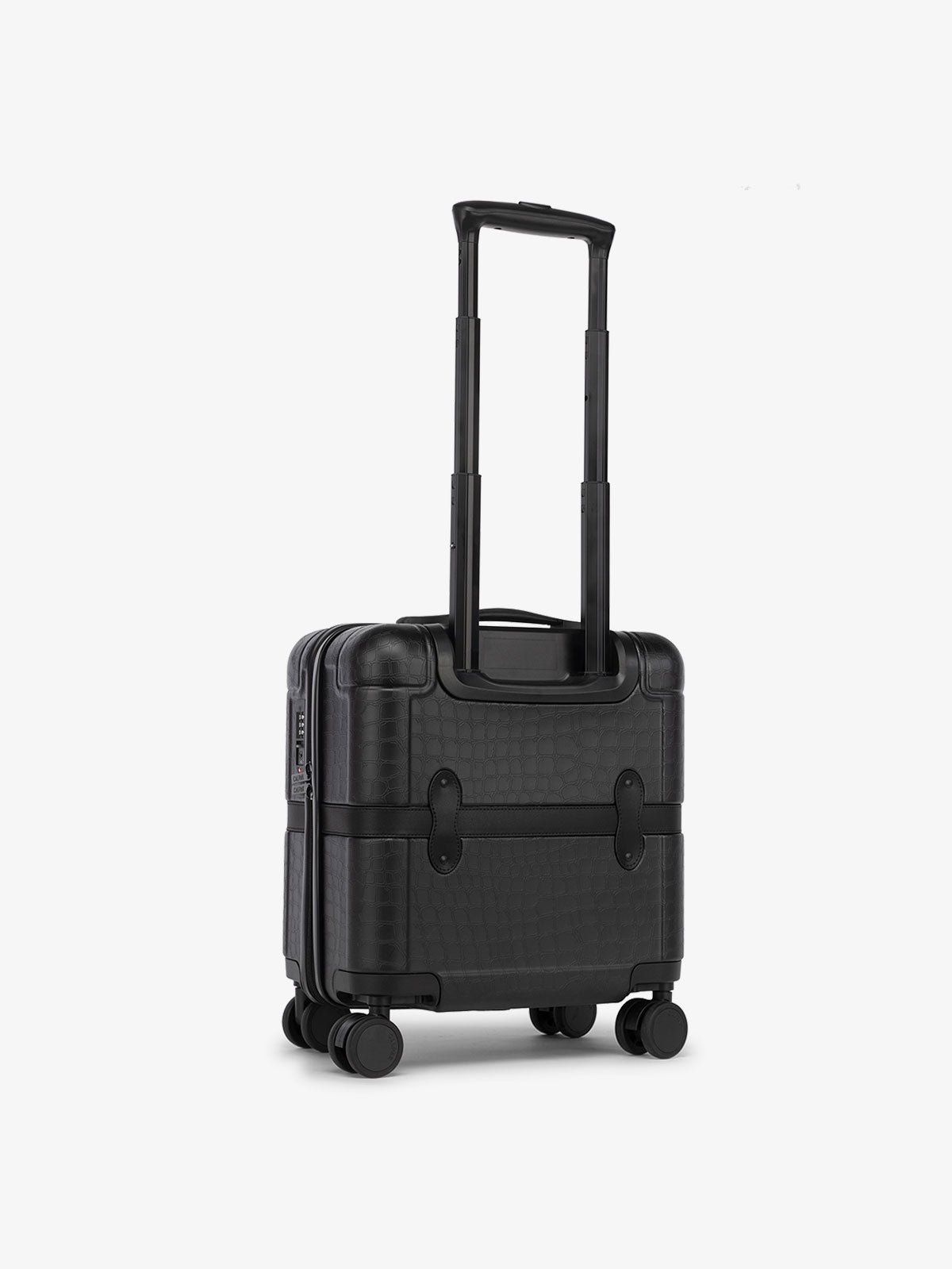 CALPAK16 inch mini carry on from the TRNK collection with hard-shell exterior and 360 spinner wheels in black faux crocodile