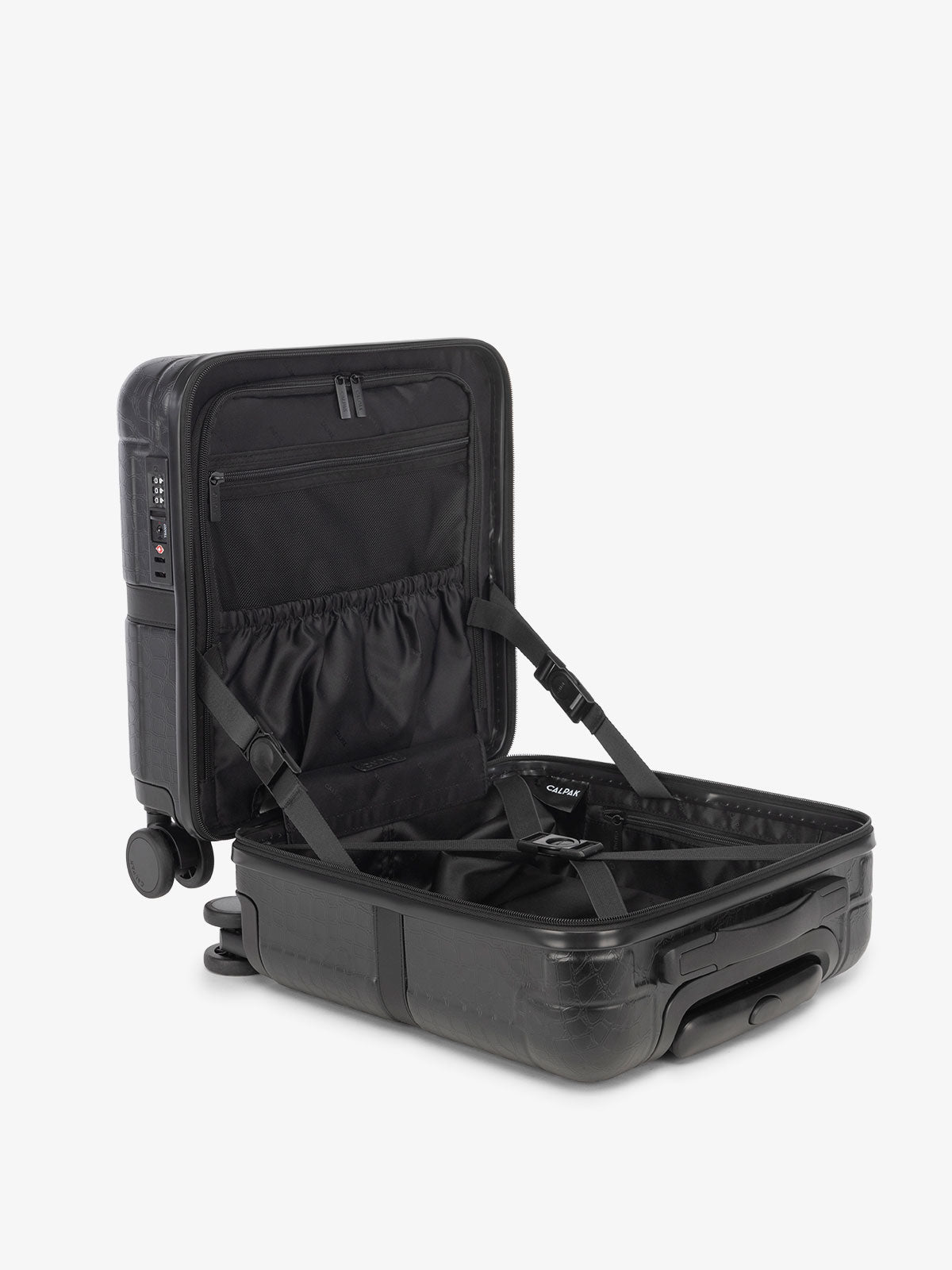 CALPAK TRNK small carry on luggage with wheels, interior compression strap and multiple pockets in black