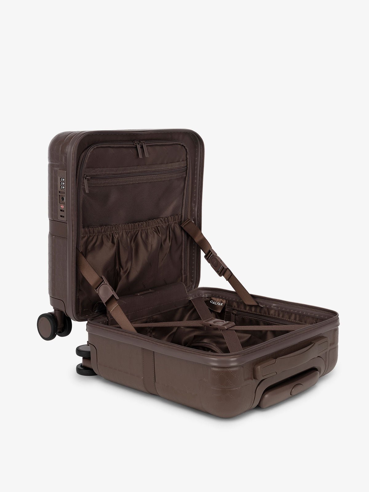CALPAK TRNK small carry on luggage with wheels, interior compression strap and multiple pockets in brown
