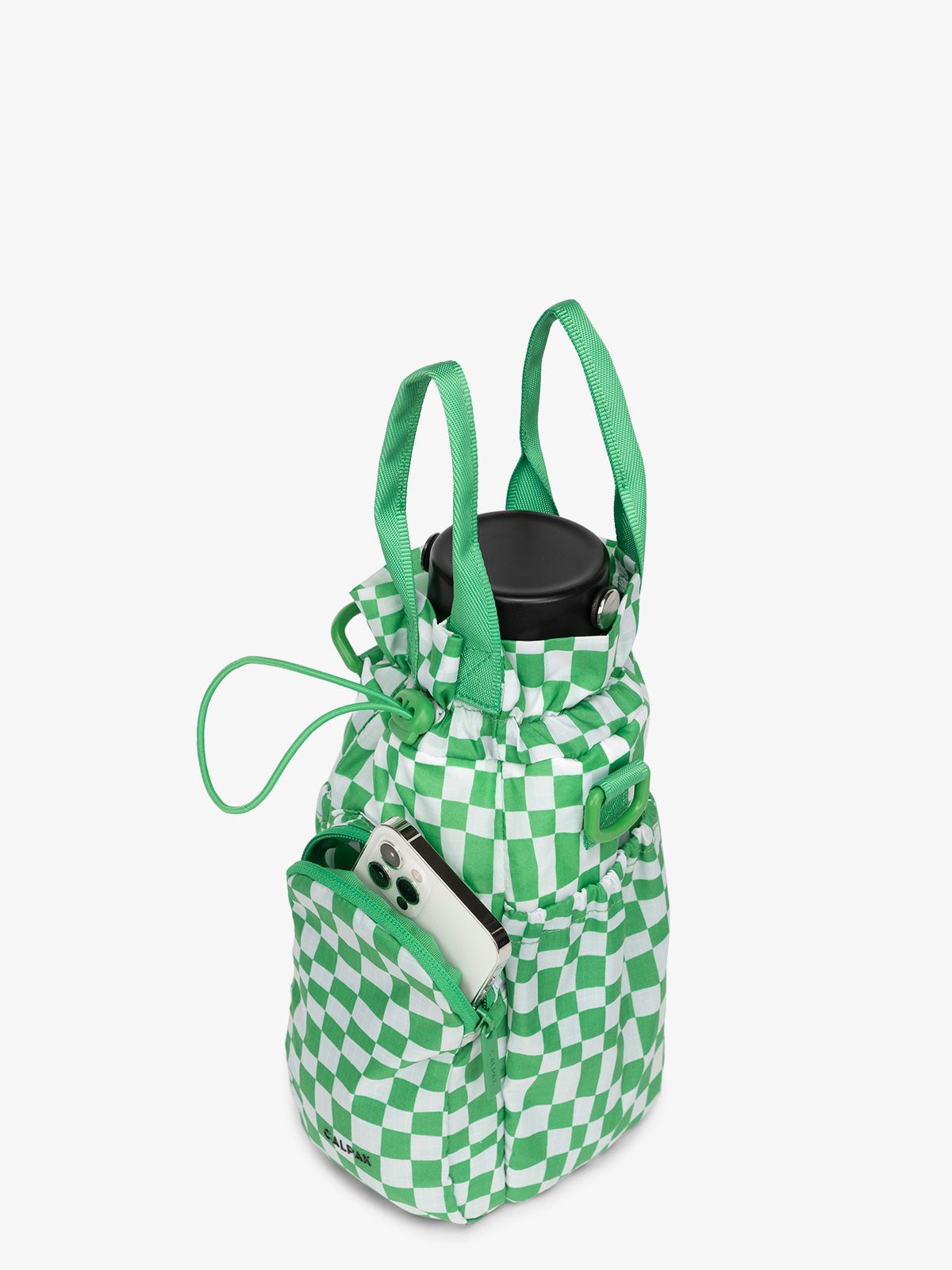 CALPAK Water Bottle carrier with zippered pocket in green checkerboard