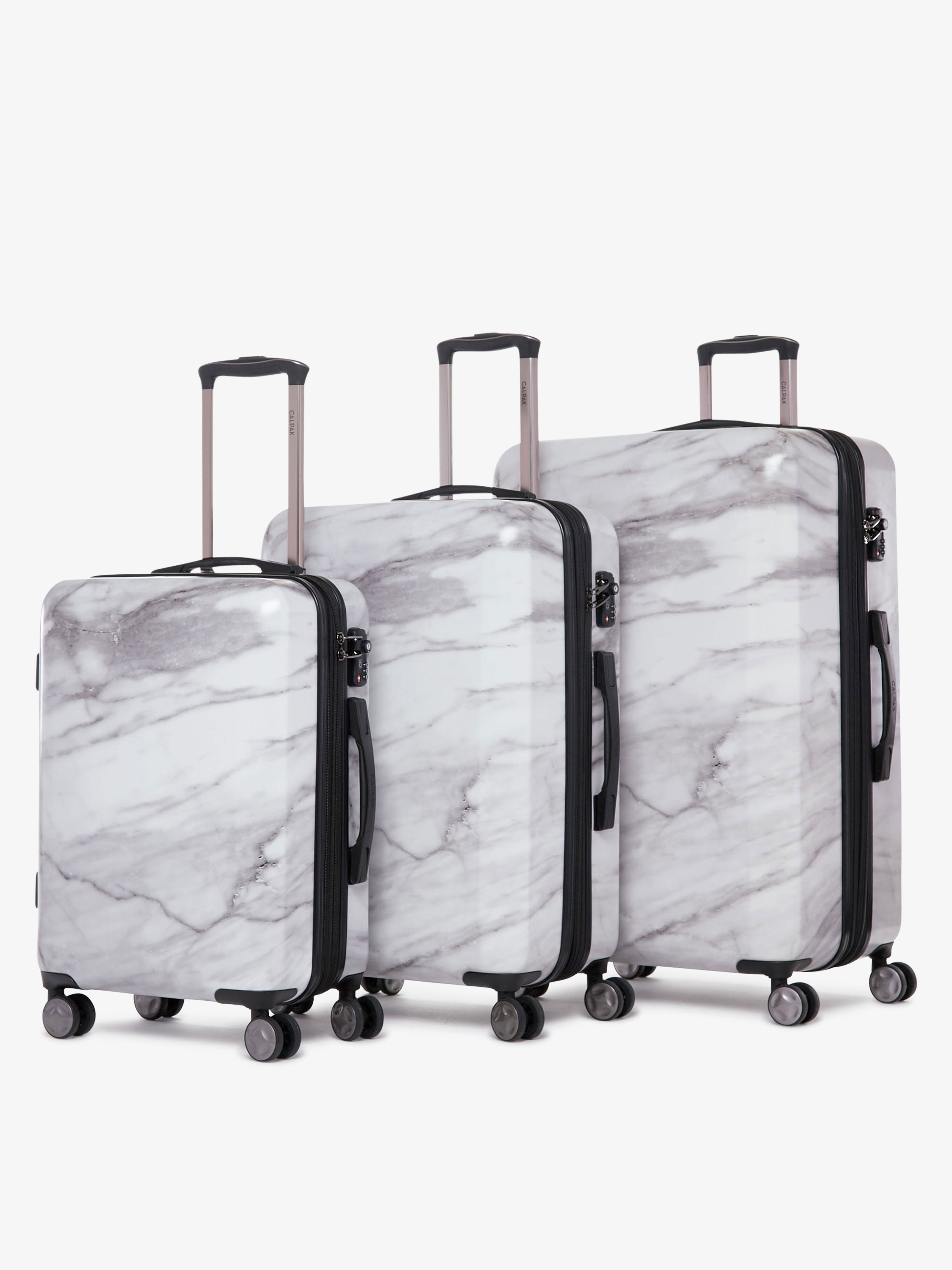 3 piece CALPAK Astyll hard shell white marble matching luggage set with built in TSA locks; LAT3000-MILK-MARBLE