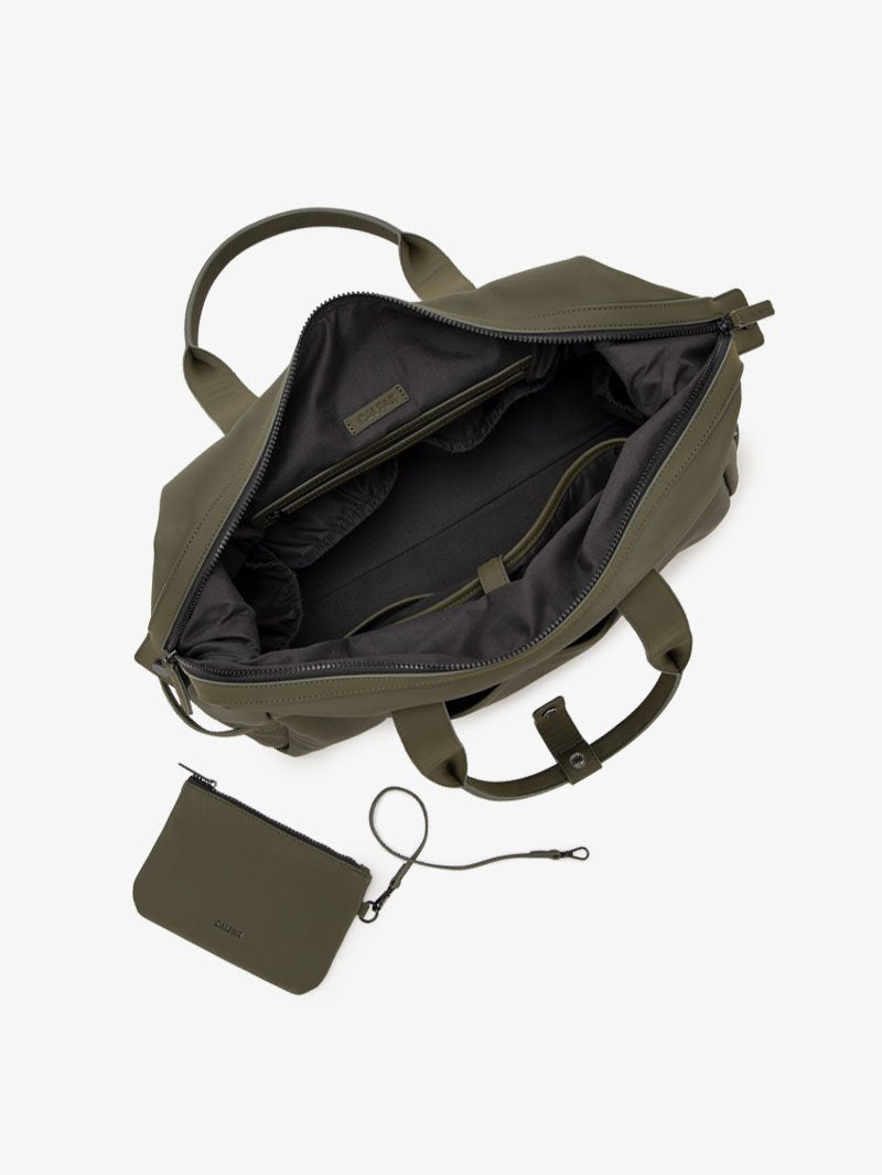 green moss CALPAK Hue duffel bag - interior compartments and laptop pocket