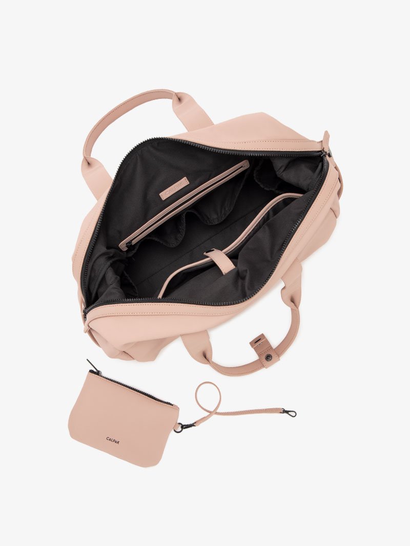 pink sand CALPAK Hue duffel bag - interior compartments and laptop pocket