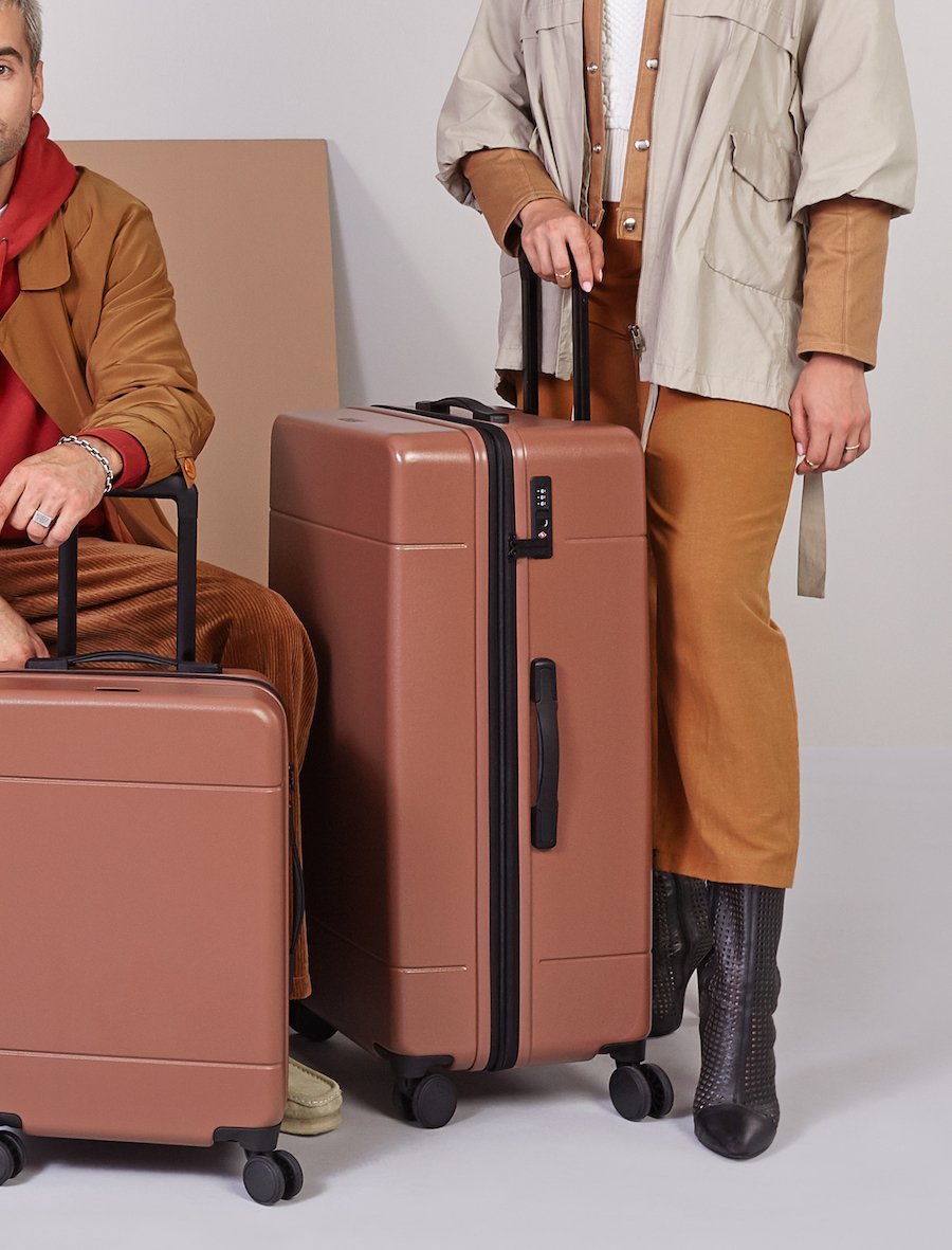 30 inch expandable hard shell luggage with TSA approved built in locks in brown hazel color from CALPAK Hue collection
