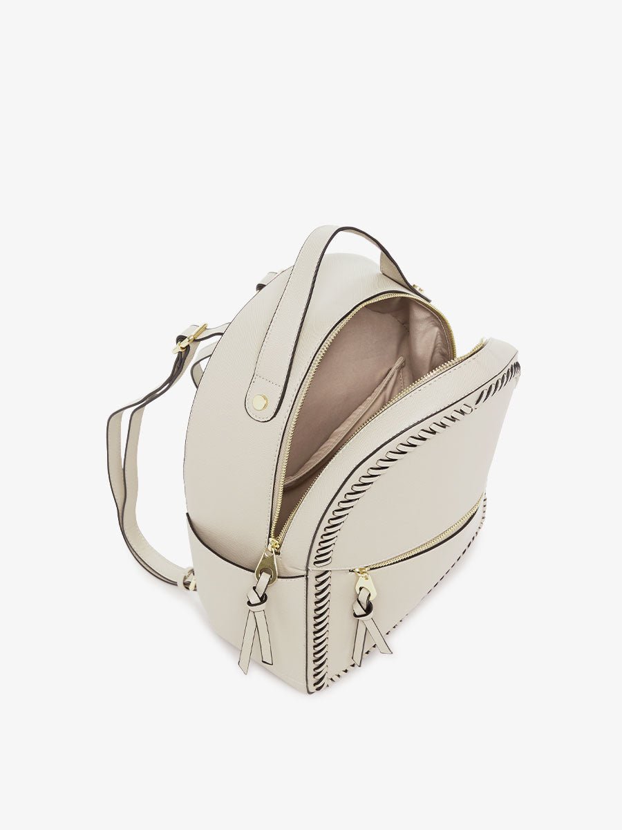 beige stone CALPAK Kaya backpack opened - top view