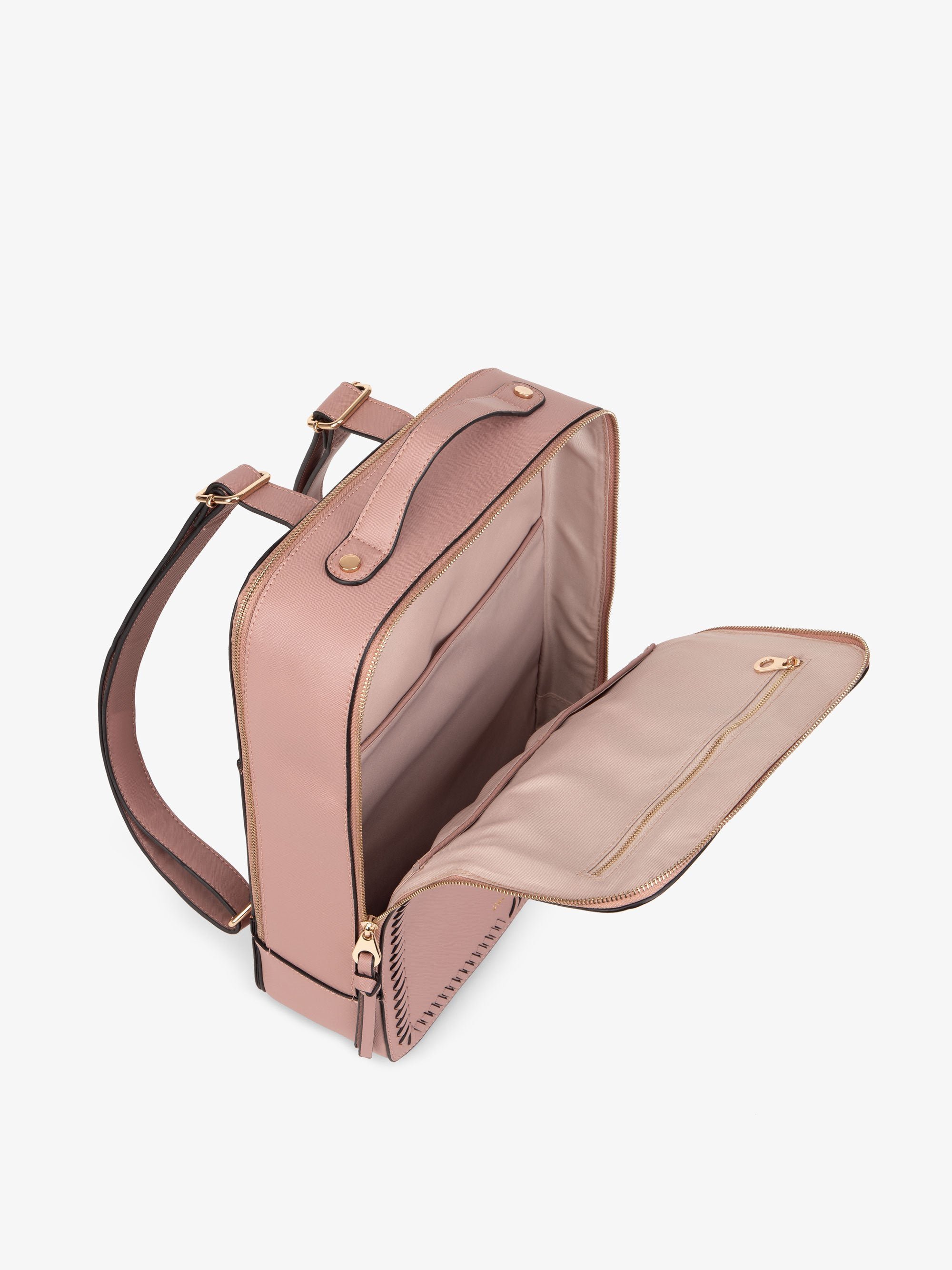 mauve pink CALPAK Kaya laptop backpack with compartments for laptop