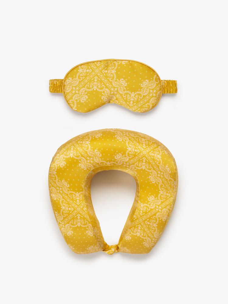 CALPAK yellow silk travel set with eyemask and neck pillow