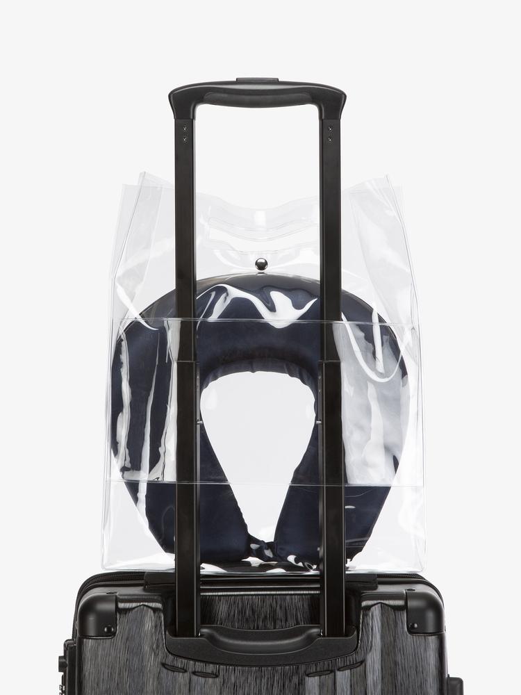 navy blue silk travel neck pillow and eyemask in clear bag