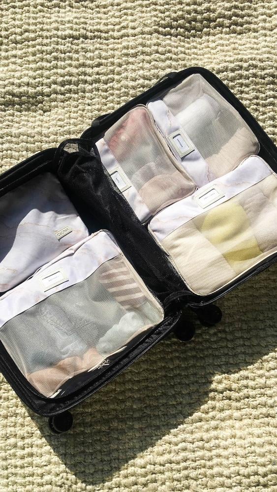 CALPAK 5 piece packing cubes set in a suitcase