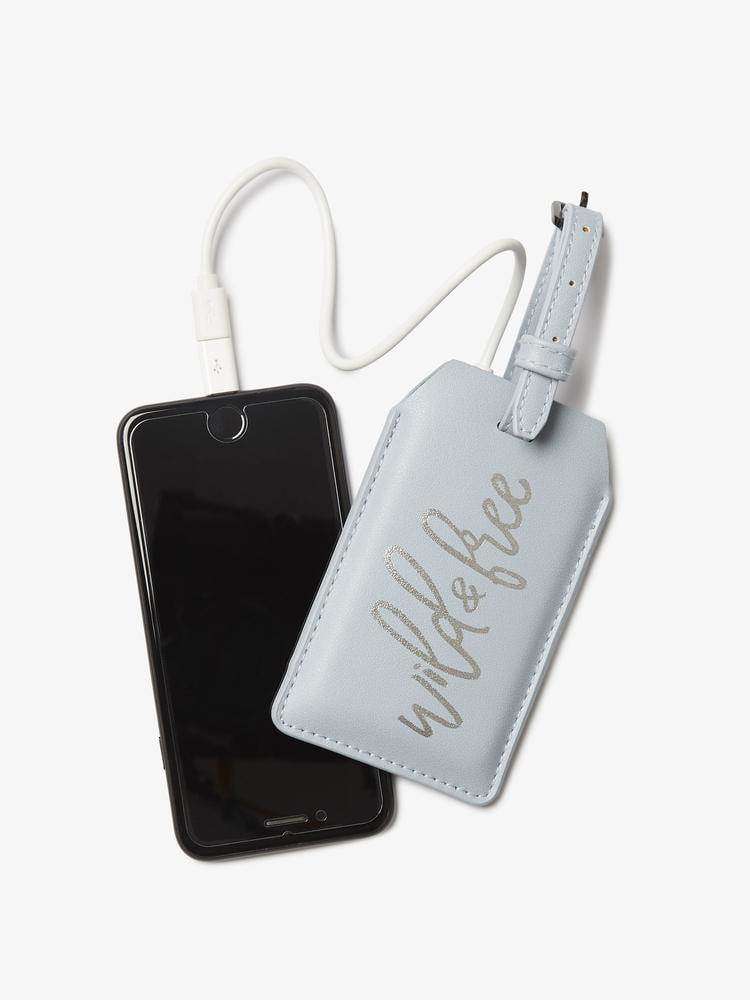CALPAK cute womens luggage tag in grey vegan leather with portable charger inside