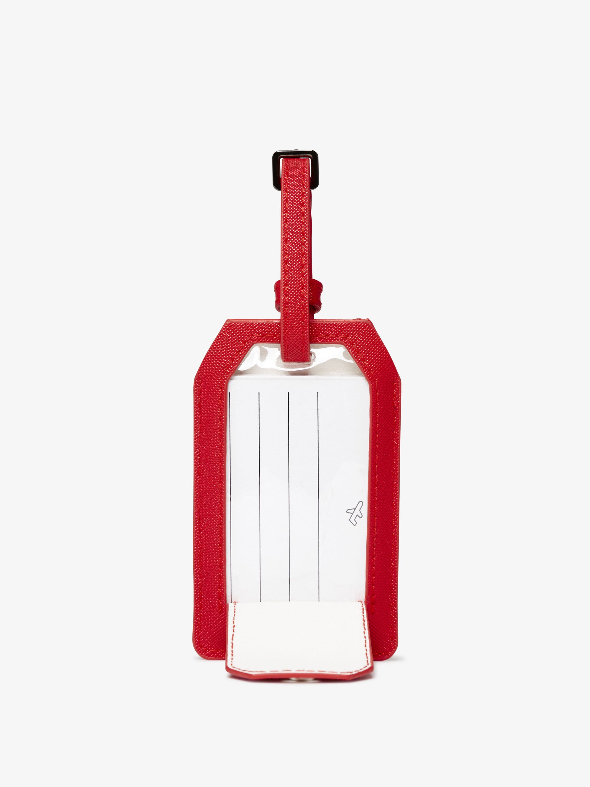 red luggage tag with portable chargers inside