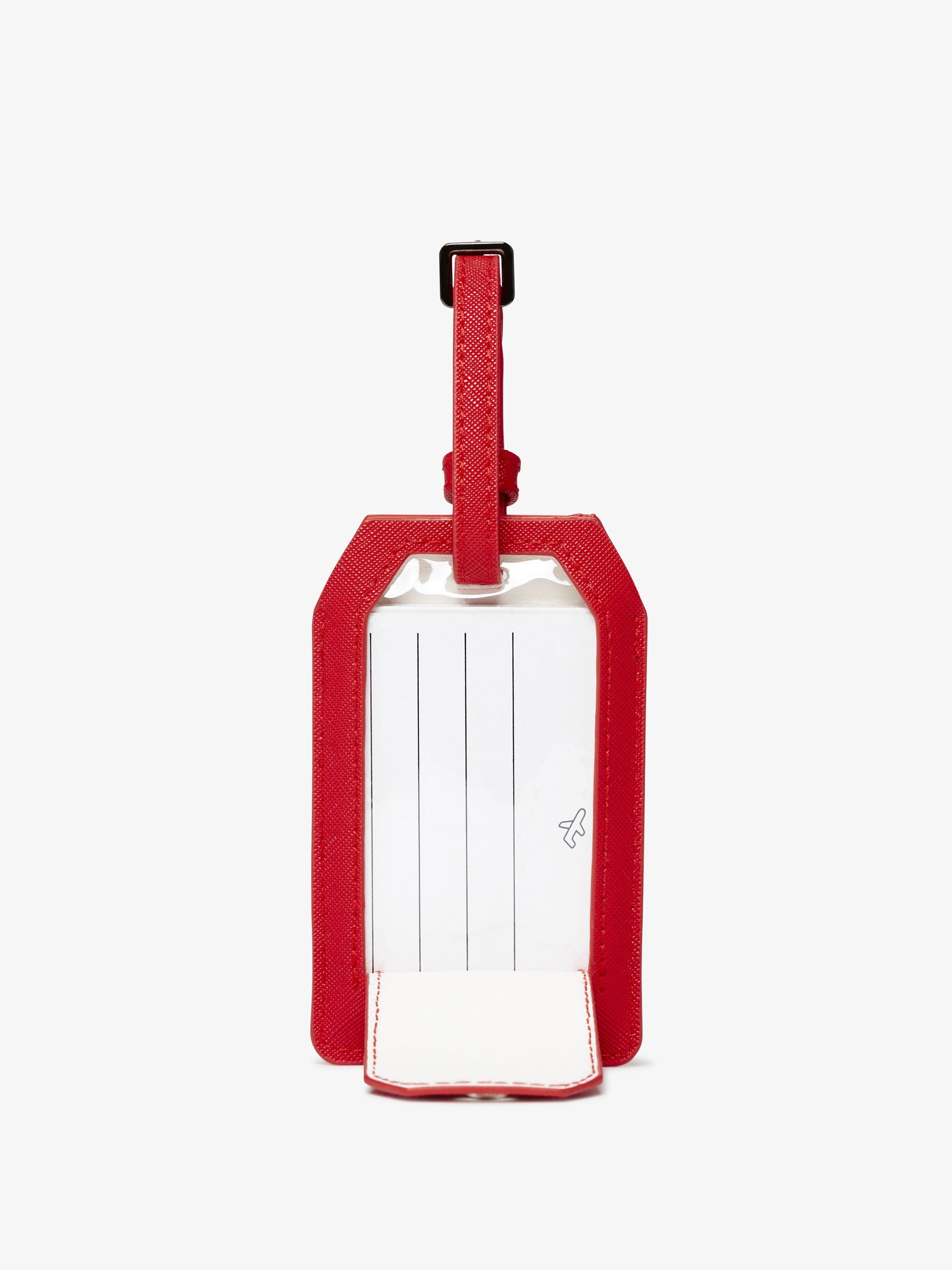 red luggage tag with portable chargers inside